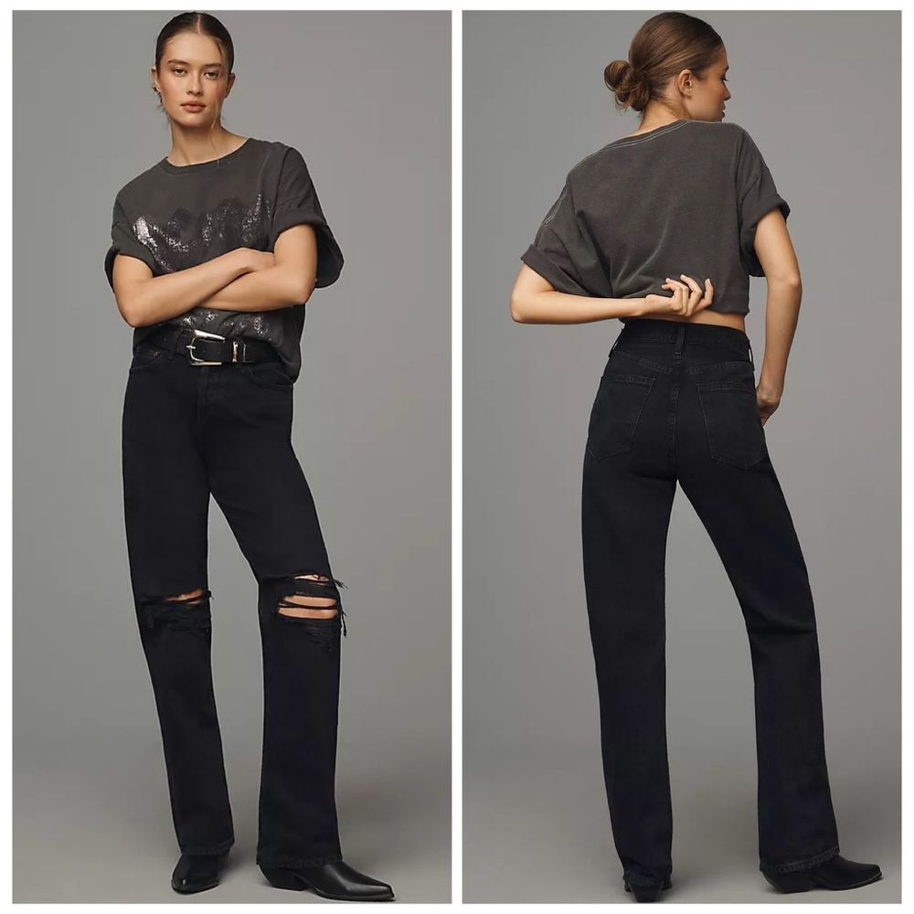 AGOLDE 90's Pinch High Rise Distressed Straight Leg Jeans in Black | Size 28